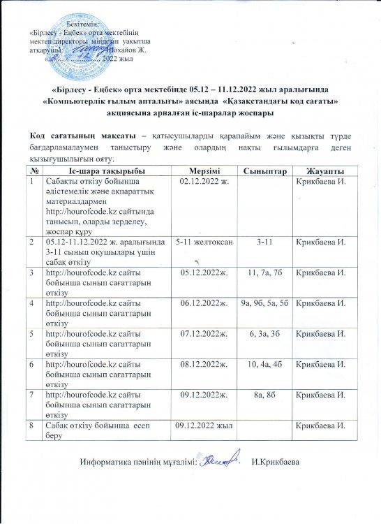 "Бірлесу-Еңбек" орта мектебінде 05.12-11.12.2022 ж. аралығында "Компьютерлік ғылым апталығы" аясында "Қазақстандағы код сағаты" акциясына арналған іс-шаралар жоспары