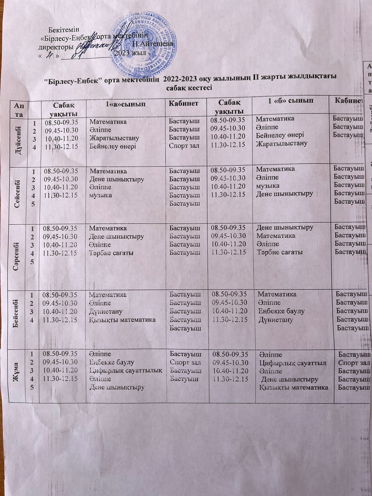 2022-2023 оқу жылының ІІ жарты жылдық сабақ кестесі