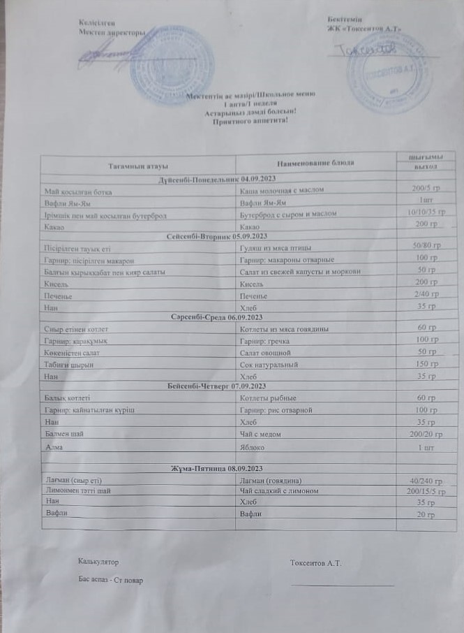 Ас мәзірі  04-08 қыркүйек 2023ж