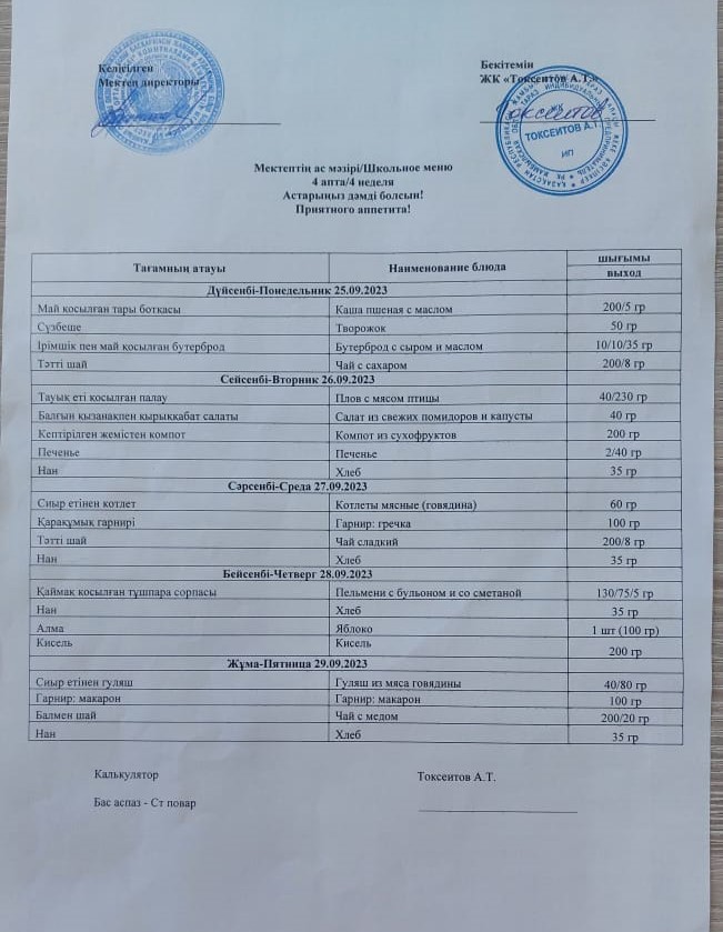 25.09-29.09.2023 аралығында ас мәзірі