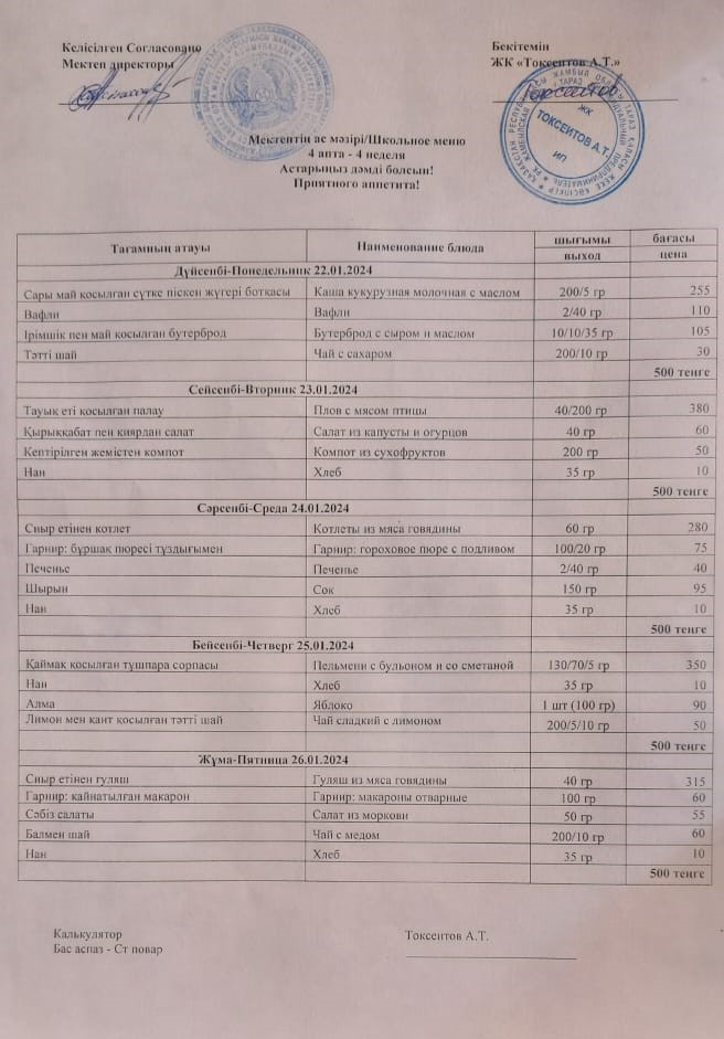 Апталық меню 22.01-26.01.2024ж