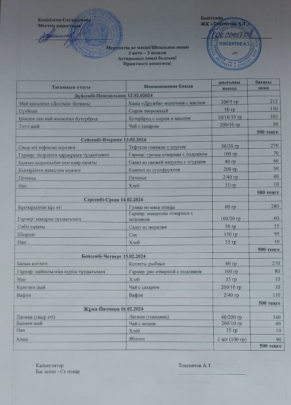 Апталық ас мәзірі 12.02-16.02.2024ж аралығы