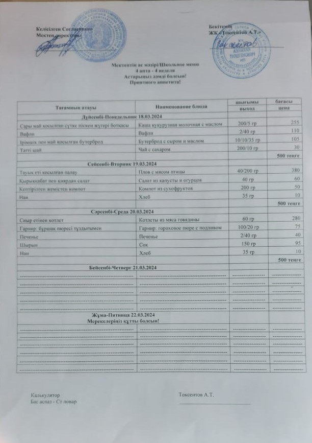 Апталық ас мәзірі 18-20.03.2024жыл аралығы