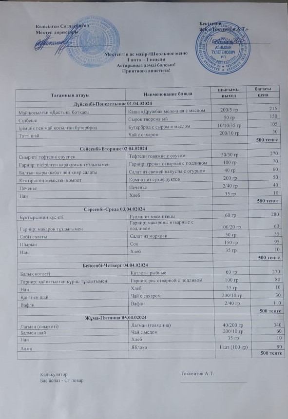 Апталық ас мәзірі 01-05.04.2024ж