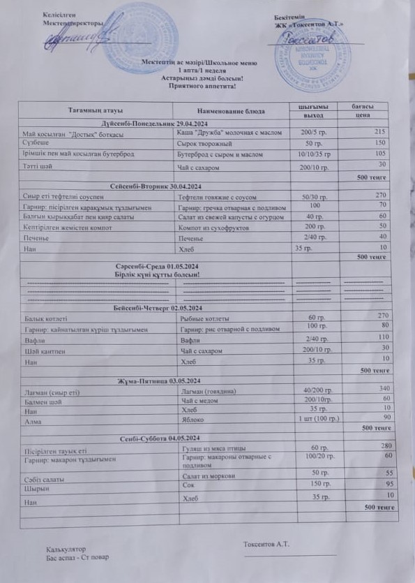 Апталық ас мәзірі  29.04-04.05.2024ж