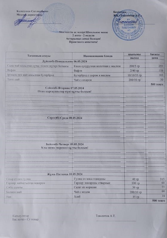 Апталық ас мәзірі 06-10.05.2024ж