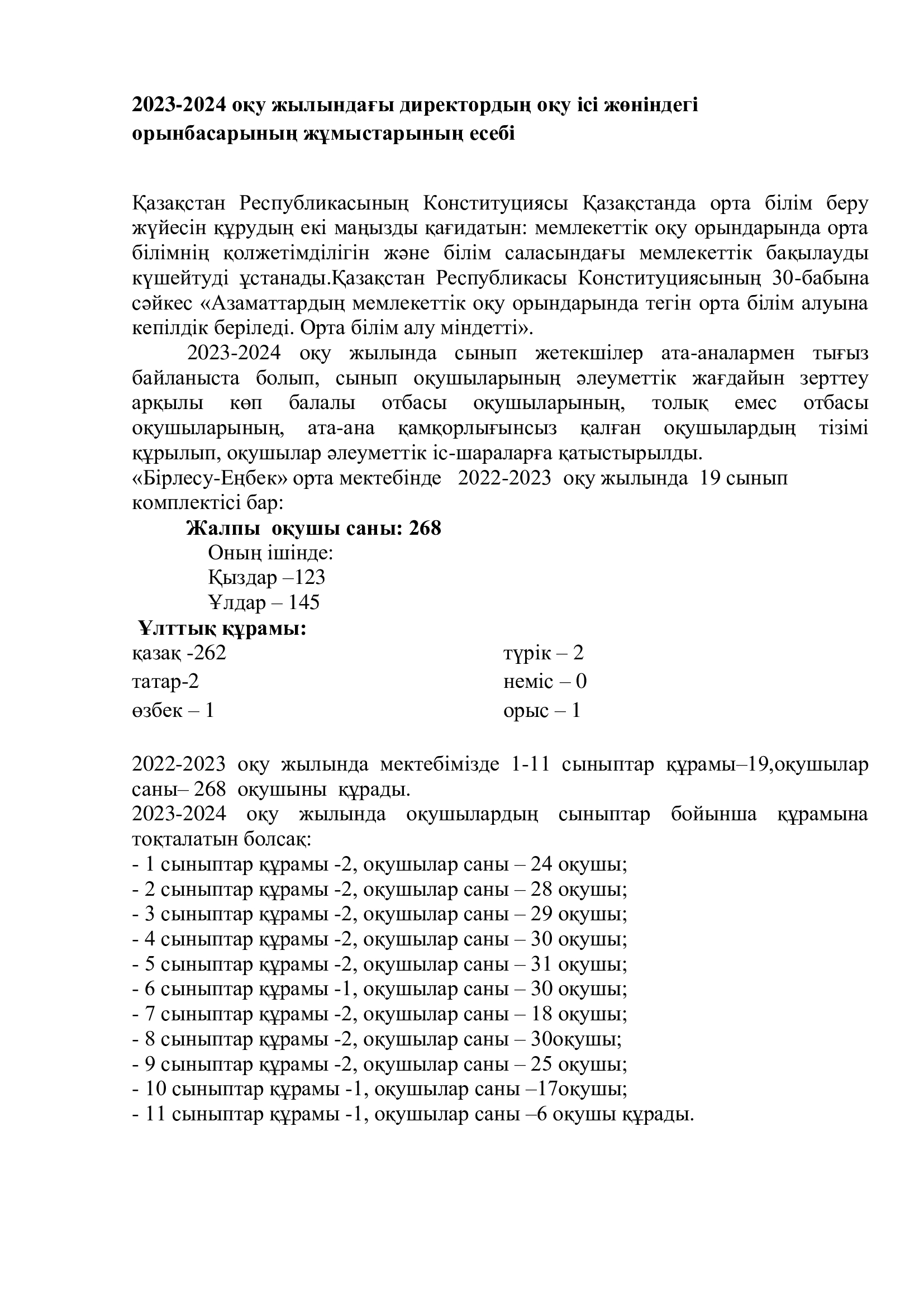 2023-2024 оқу жылындағы директордың оқу ісі жөніндегі орынбасарының жұмыстарының есебі